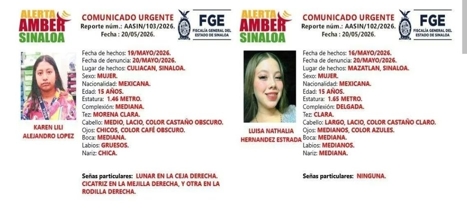 Activan Alerta Amber por desaparición de dos adolescentes en Culiacán y Mazatlán