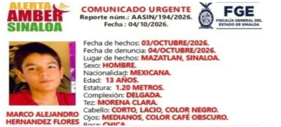 Activan Alerta Amber en Mazatlán para localizar a Marco Alejandro, de 13 años